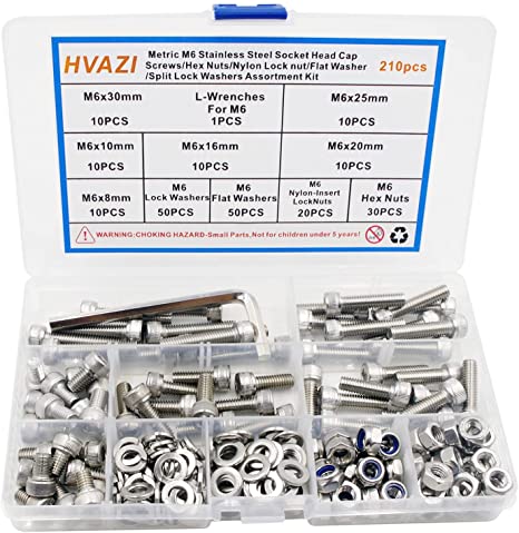 HVAZI Metric M6 Stainless Steel Socket Head Cap Screws/Hex Nuts/Nylon Lock nut/Flat Washer/Split Lock Washers Assortment Kit
