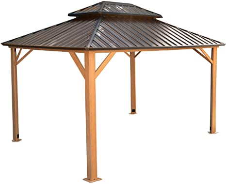 LUCKYBERRY 10' X 12' Outdoor Hardtop Galvanized Steel Roof Double Top Permanent Gazebo Canopy Curtains Aluminum Frame Patio Garden Gazebo with Netting£¬Gutter System,Brown
