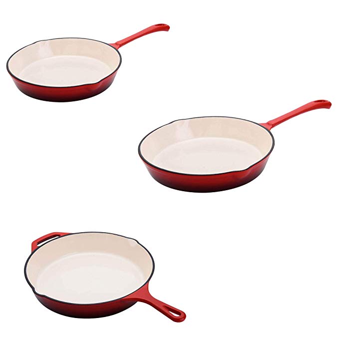 Hamilton Beach 12" Enameled Cast Iron Fry Pan   10" Fry Pan   8" Fry Pan, Red