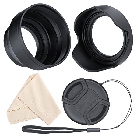 Lens Hood Set, Reversible Tulip Flower   3 Stages Collapsible Rubber Lens Hood   Center Pinch Lens Cap with Cap Keeper Leash   Microfiber Cleaning Cloth (55MM)