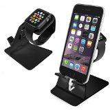Orzly - DuoStand Charge Station for Apple Watch and iPhone - Aluminum Desk Stand Cradle in BLACK with Built-In Insert Slots for both Grommet Wireless Charger and Lightning Cable for use as a fully functional Charging Station  Dock for both your Apple Watch and iPhone Simultaneously - Fits iPhone Models 5  5S  5C  6  6 PLUS and both 42mm and 38mm sizes of 2015 Watch Models Original BASIC Model  SPORT Version  and EDITION Models