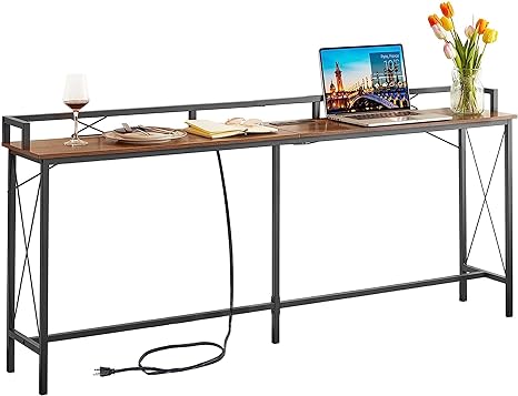 VECELO 71 Inch Console Table with 2 Outlet and 2 USB Ports, Entryway Furniture with 9.8 Feet Long Power Cord, Baffle and Rest Rails, Sturdy and Stable, 70.9”L x 11.8”W x 31.5" H, Brown