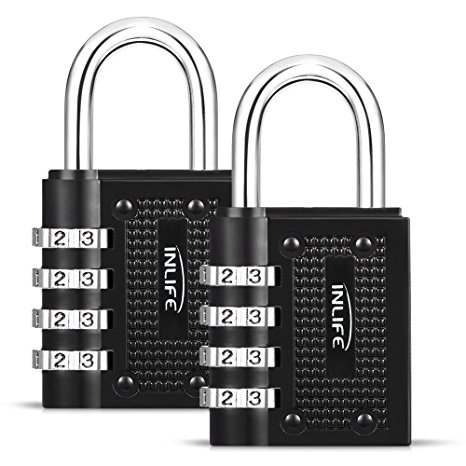 2 Pack Combination Padlock INLIFE 4 Digit Padlock for School Gym Locker, Sports Locker, Fence, Toolbox,Case, Hasp Storage (Black)