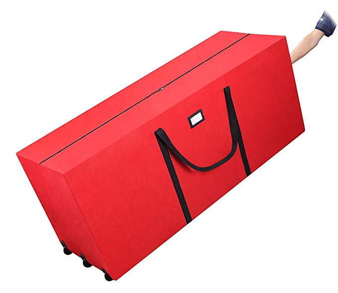 Primode Holiday Rolling Tree Storage Bag, Extra Large Heavy Duty Storage Container, 25" Height X 20" Wide X 60" Long With Wheels And Handles (Red)