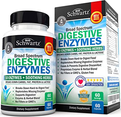 BioSchwartz Digestive Enzymes Supplement - Broad Spectrum 10 Enzymes   Herbal Comfort Blend - Vegan Formula for Digestion & Bloating Support - with Bromelain, Papain & Amylase - 60 Count