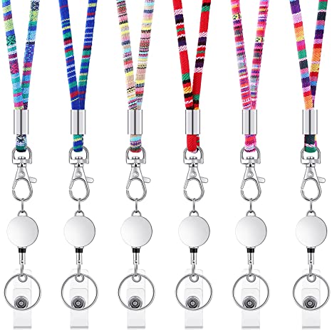 6 Pcs Boho Lanyards for ID Badges, Boho Lanyards with Retractable Reels, Breakaway Cute Lanyards with Metal Badge Reel Holders, Colorful Bohemian Designer Lanyards for Keychain (Silver Holder Style)