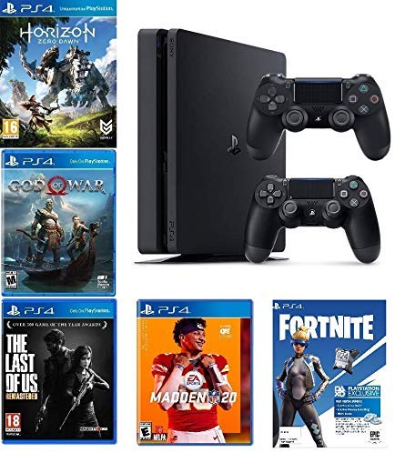 2019 Playstation 4 Slim PS4 1TB Console   Two Dualshock-4 Wireless Controllers   (Madden NFL 20, The Last of US, etc, Fortnite) Bundle