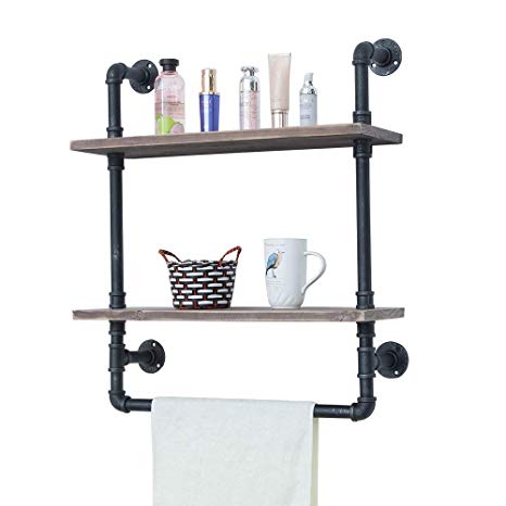 Industrial Bathroom Shelves Wall Mounted 2 Tiered,Rustic 24in Pipe Shelving Wood Shelf With Towel Bar,Black Farmhouse Towel Rack,Metal Floating Shelves Towel Holder,Iron Distressed Shelf Over Toilet