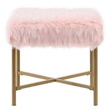 HomePop Faux Fur Square  Stool with Metal Legs, Pink