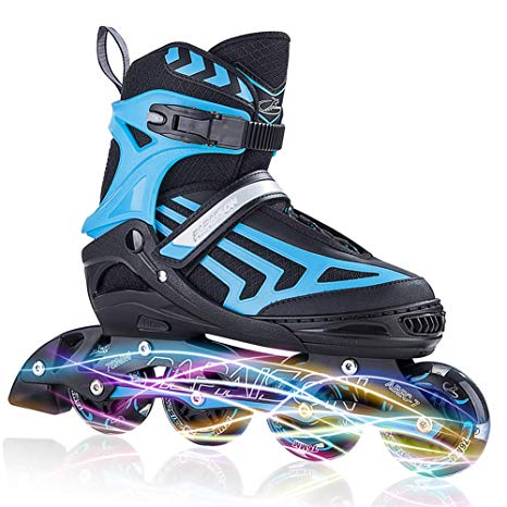 ITurnGlow Kids and Adults Adjustable Inline Skates with Full Light Up Wheels, Safe and Smooth Beginner Rollerblades for Girls and Boys, Men and Women