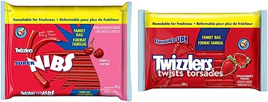 TWIZZLERS Licorice Candy, Cherry Super Long Nibs, Candy to Share, 623g & TWIZZLERS Licorice Candy, Strawberry Twists, Family Bag, Bulk Candy to Share, 680g