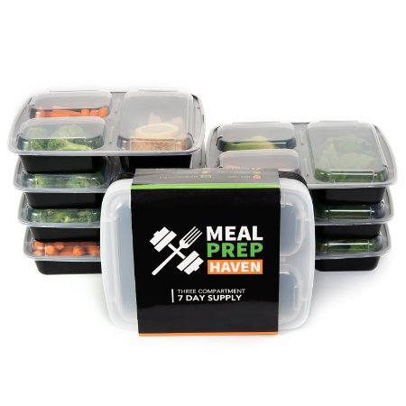 Meal Prep Haven Stackable 3 Compartment Food Containers with Lids, Set of 14