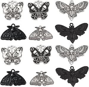 SUNNYCLUE 1 Box 24Pcs Moth Charms Gothic Style Halloween Antique Silver Skull Charms Black Moon Phase Moth Insect Charm Butterfly Skeleton Head Charm for Jewelry Making Charms DIY Craft Supplies