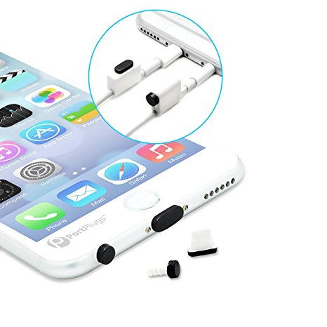 PortPlugs - iPhone 6, 6s, 6s, 7 Plus Aluminum Dust Plug Set - Beautiful Anodized Finish - Lightning Port & Headphone Jack - Includes Cord Holders for Easy Storage (Black)