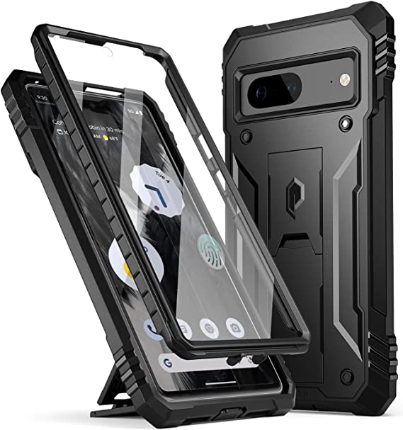 Poetic Revolution Series Case Designed for Google Pixel 7 5G with Built-in Screen Protector, Work with Fingerprint ID, Full Body Rugged Shockproof Protective Cover Case with Kickstand, Black