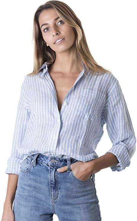 CAMIXA Womens 100% Linen Casual Shirts Slim Fit Button-Down Basic Blouse Top
