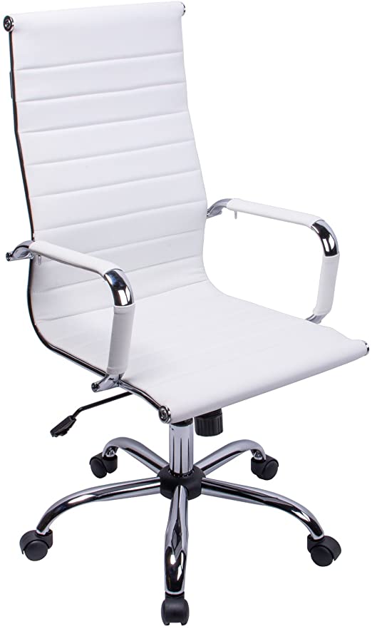High Curved Back PU Leather White Home Office Chair Executive Computer Height Adjustable Swivel Desk Chair (White, PU Leather)