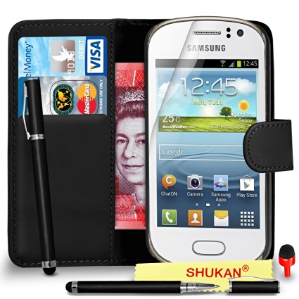 Samsung Galaxy Fame Premium Leather Black Wallet Flip Case Cover Pouch   2 IN 1 Ball Pen Touch Stylus Pen   RED 2 IN 1 Dust Stopper   Screen Protector & Polishing Cloth SVL6 BY SHUKAN®, (WALLET BLACK)