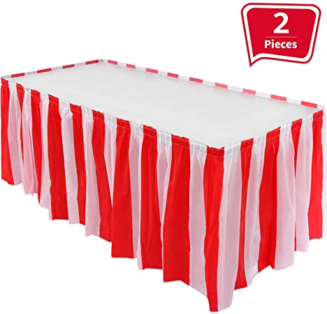 2 Pieces Red White Striped Table Skirt Circus Theme Table Skirt for Carnival Home Decoration Party Supplies