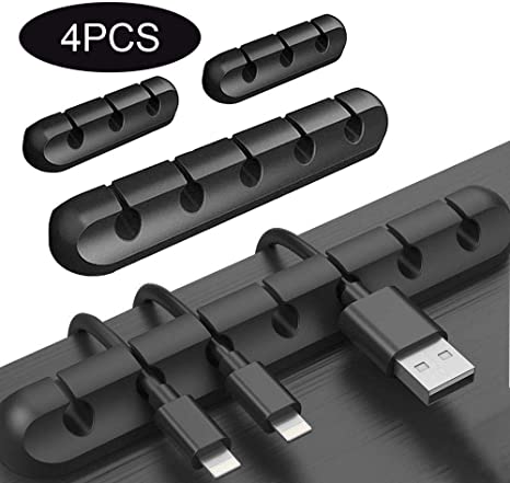 HAPPY FINDING 4 Cable Holder Clips, Desktop Cable Organizer Cord Wire Management Self Adhesive Holder for USB Charging Cable/Power Cord/TV Cable/Mouse Cable PC Office Home - Black
