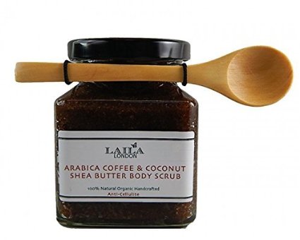 Laila London Organic Arabica Coffee and Coconut Body Scrub 100 Natural With Bamboo Spoon 350g Stretch Marks and Cellulite Exfoliating Body Scrub - Soften Skin - Smooth Skin Before Tanning - Improve Circulation Stimulate Collagen and Fight Aging - Reduce Ingrown Hairs Bumps and Clogged Pores - Helps Even Skin Tone and Prevent Dullnes