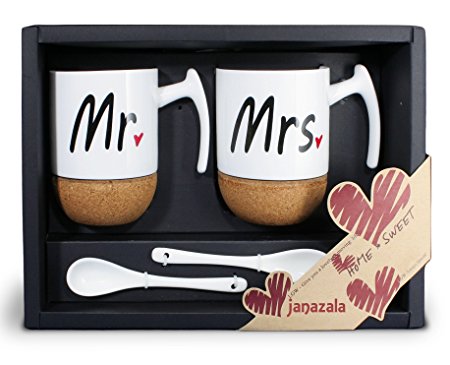 Janazala Mr and Mrs Ceramic Coffee Mugs Set of 2 - Novelty Mr and Mrs Coffee Tea Cups 9.5 oz With Cork Bottom. Comes In A Gift Box, For Parents, Anniversary, Mom and Dad, Couples