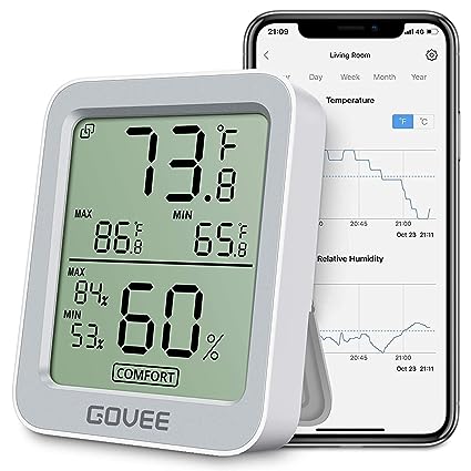 Govee Bluetooth Digital Hygrometer Indoor Thermometer, Room Humidity and Temperature Sensor Gauge with Remote App Monitoring, Large LCD Display, Notification Alerts, 2 Years Data Storage Export, White