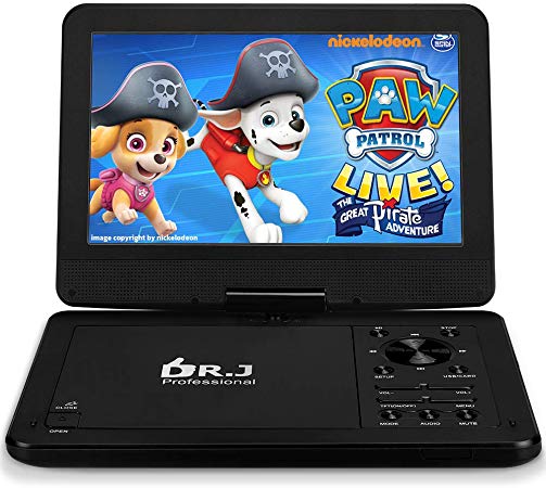 DR. J 12.5 Inch Portable HD DVD Player with 10.5 Inch Internal Swivel Screen, Region Free Home CD Player with 5 Hours Chargeable Battery, Support USB SD Card Slot, with Car Charger and AV Cable to Sync TV and Projector Black