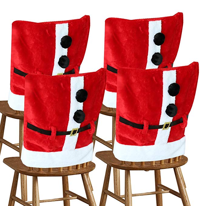 D-FantiX Santa Claus Suit Christmas Chair Covers with Belt Buckle Dining Room Chair Cover Christmas Decorations (Set of 4)