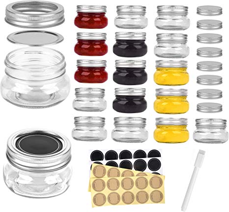 Mini Mason Jars Round 4 oz - Small Canning Glass Jars with Lids - 16 Pack Cute Jars with 40 Labels & Chalk Marker, Clear Containers for your Candy, Jelly, Overnight Oats, Yogurt, Honey & Baby Food