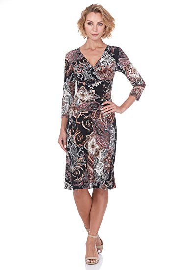 Rekucci Women's Slimming 3/4 Sleeve Fit-and-Flare Crossover Tummy Control Dress