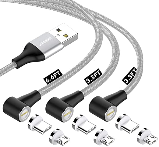 Magnetic Charging Cable,JianHan 3 Pack [3.3 3.3 6.6ft] Type C   Micro USB 2 in 1 USB Magnetic Cable 90 Degree Right Angle with Led Light for Samsung S20,S10,S9,S8,Note 8 9 10,S7 S6 S6 Edge,Kindle,Android Magnetic Phone Charger (Silver)