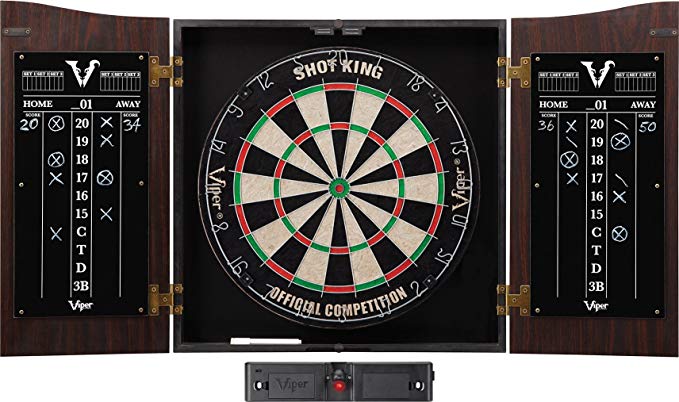 Viper Vault Cabinet & Shot King Sisal/Bristle Dartboard Ready-to-Play Bundle with Two Sets of Steel-Tip Darts, Throw Line, and Dry Erase Scoreboards, Walnut Finish