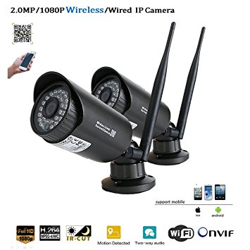 Midas-Link 2Pcs 2.0 Megapixels HD IP Camera Wired/Wi-Fi/Wireless 1080P Color CMOS Outdoor/indoor IR-cut Security Surveillance Bullet Webcam(black)
