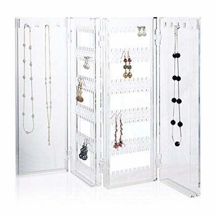 Clear Foldable Earring and Necklace Holder - holds up to 120 pairs of earrings, with 8 necklace hooks