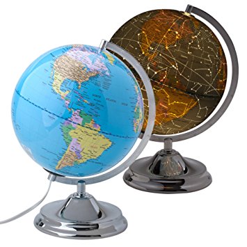 10” Educational World Globe for Kids with LED Light and Stand, Shows Detailed Political Map During the Day and Illuminated Constellation at Night, Power Cord Included