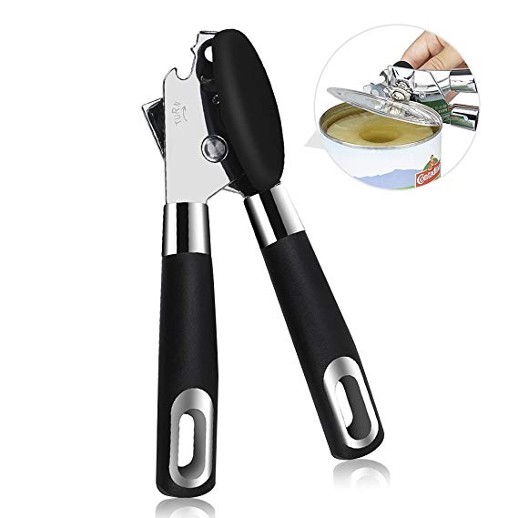 Can Opener, Opamoo Stainless Steel Can Opener Manual Smooth Edge Heavy Duty Tin Opener with Lids off Sharp Blade Built-in Bottle/Tin/Jar Opener in One Non-Slip Handles for Easy Operate