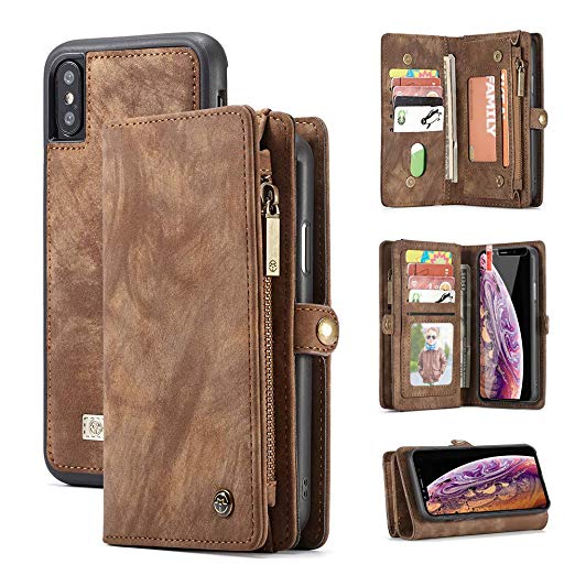 iPhone Xs Max Wallet Case,Zttopo 2 in 1 Leather Zipper Detachable Magnetic 11 Card Slots Card Slots Money Pocket Clutch Cover with Screen Protector for 6.5 Inch iPhone Case -Brown