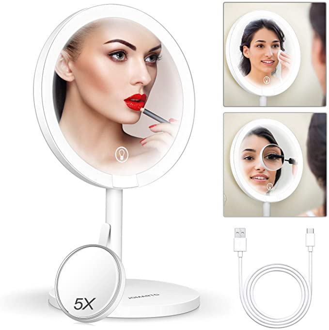 JOMARTO Lighted Makeup Mirror, Mirror with Light, Vanity Mirror, Cosmetic Mirror with Stand, Touch Sensor Dimming, 120° Rotation, Support USB Charging, Detachable Portable 5X Magnification Mirror