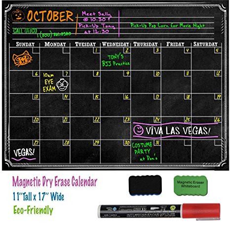 Immuson Chalkboard Calendar Magnetic Dry Erase Board 17"x11" Refrigerator Message Board Dry Erase Board for Kitchen Fridge With Strong Magnet, Includes 2 Magnetic Erasers   1 Red Liquid Chalk Pen