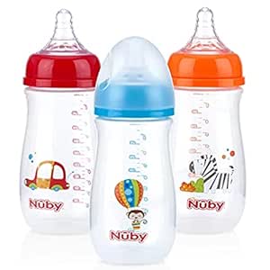 Nuby Tritan Wide Neck Non-Drip Bottles with Anti-Colic Air System: 9oz./ 270 Ml, 3 Pack, 0M ,Blue/Orange/red