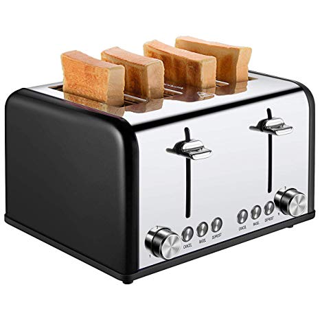 4 Slice Toaster, CUSIBOX Stainless Steel Toaster Extra Wide Slots Four Slice Bread Bagel Toaster, BAGEL/DEFROST/CANCEL Function, 1650W, Black