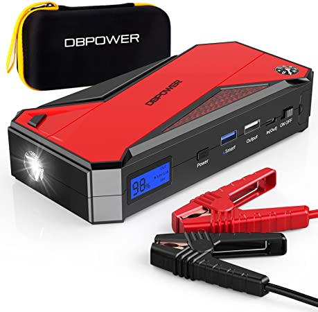 DBPOWER Peak 1600A 18000mAh Portable Car Jump Starter( up to 7.2 Gas, 5.5L Diesel Engines) Batrtttery Booster with Smart Charging Port, LCD Display, Intelligent Jumper Clamps, Compass and LED Light