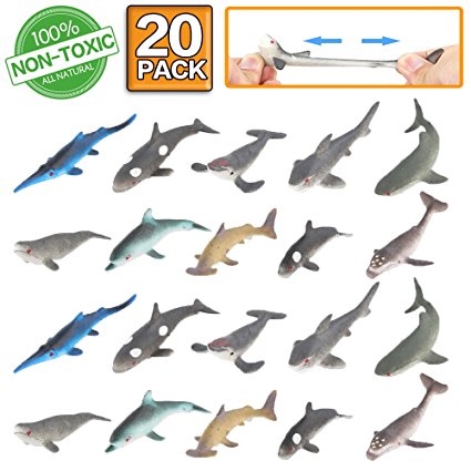 Shark Toy Figure, 20 Pack Rubber Bath Toy Set,Food Grade Material TPR Super Stretchy,ValeforToy Ocean Sea Animal Squishy Floating Bathtub Toy Party Favors,Realistic Shark Dolphin Whale Figure