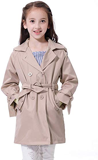 HOLIEBEE Girls Waterproof Lightweight Trench Coat with Belt, Fashion Hooded Windbreak Lapel Double Breasted Raincoat for Kids