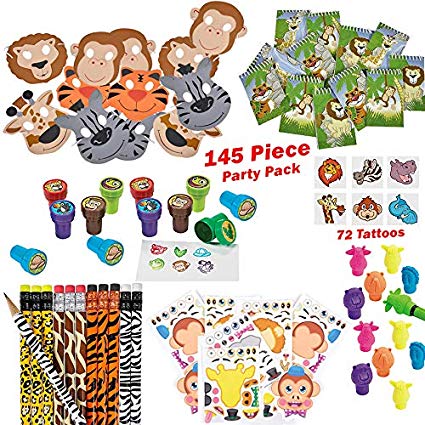 144 Piece Jungle Theme Party Supplies for 12 Kids | Zoo Animal Party Favors, Safari Birthday Pack | Everything You Need: Party Favors, Games, Toys for Boys and Girls