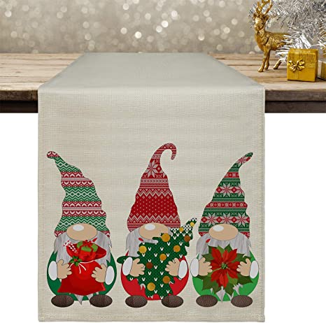 Gnomes Table Runner Elf Christmas Tree Flower Tablecloth Mats Kitchen Dining Table Burlap Linen for Indoor Outdoor Home Party Decor, 13 x 72 Inch