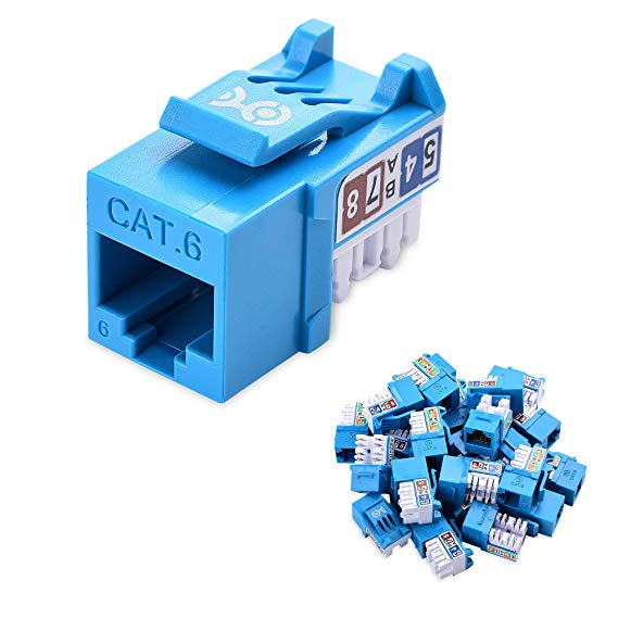 Cable Matters UL Listed 25-Pack Slim Profile 90 Degree Cat 6, Cat6 RJ45 Keystone Jack with Keystone Punch Down Stand in Blue