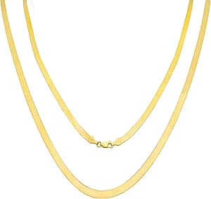 Nuragold 14k Yellow Gold 4mm Solid Herringbone Silky Flat High Polish Chain Necklace, Womens Lobster Clasp 14" 16" 18" 20" 22" 24"