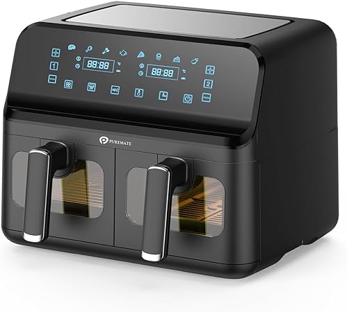 PureMate 8L Dual Air Fryer with Digital Display, Healthy Oil Free 2500W Air Fryer with 8 Preset, LED One Touch Screen, Timer & Adjustable Temperature Control (8L(4L 4L) Dual Basket)